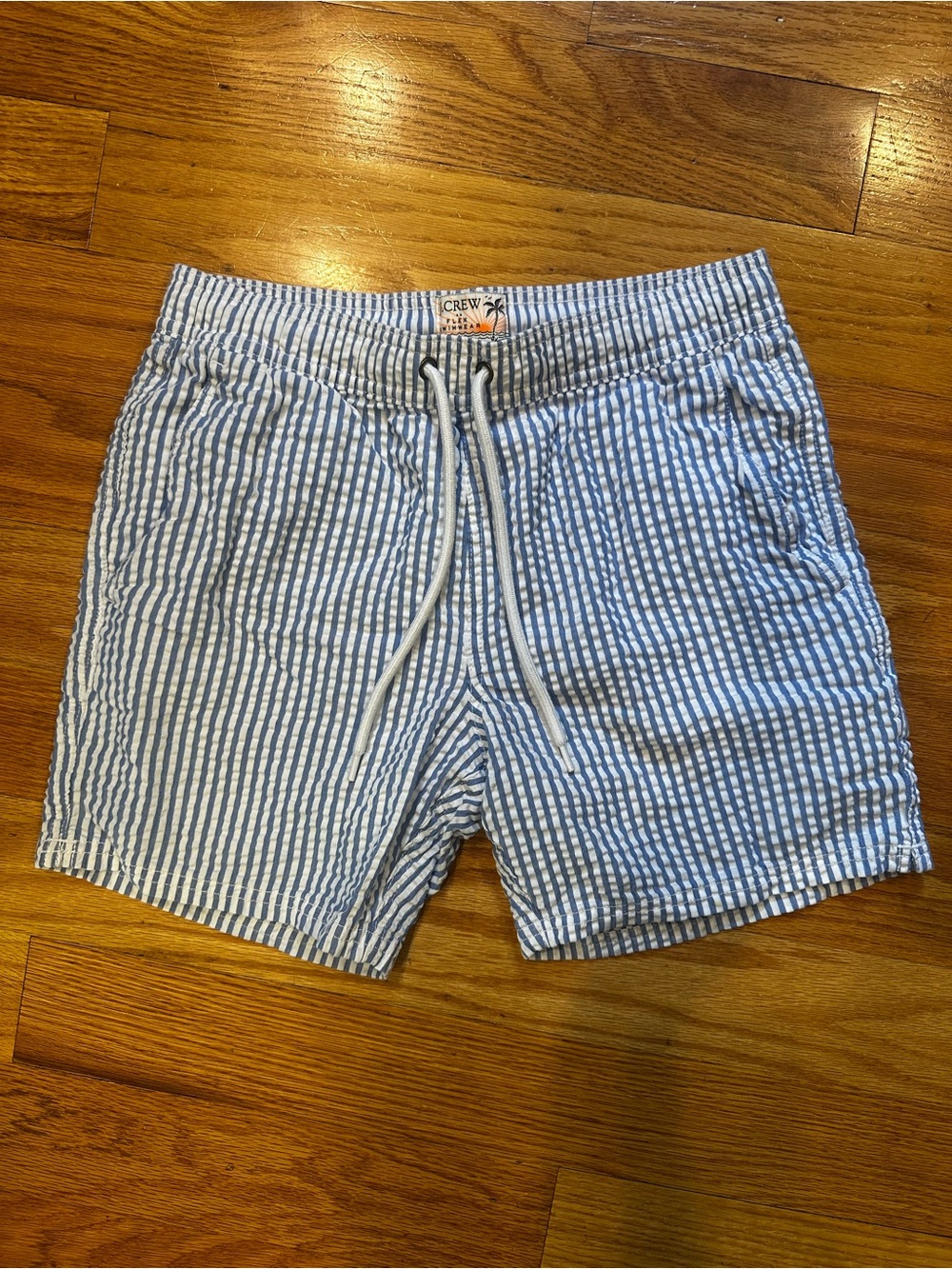 J. Crew Light Blue and White Striped Seersucker Swim Trunks 6”
